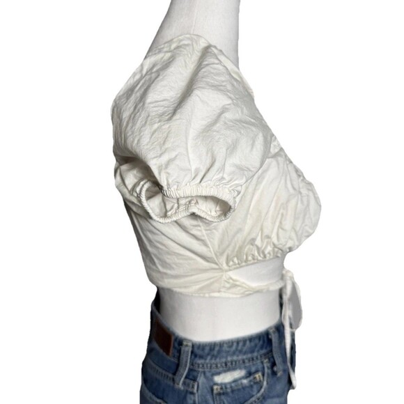 H&M Divided Crop Top Tie Front Puff Sleeve White Medium V-neck 100% Cotton - Picture 6 of 9